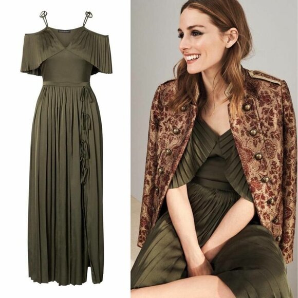 NWT Olivia Palermo Pleated Off Shoulder Satin Maxi Dress Green Size 00 Petite - Picture 2 of 12